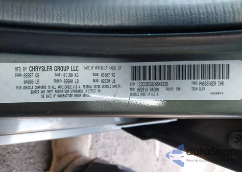 2013 Chrysler 200 Limited z USA, uszkodzony, nr VIN 1C3CCBCG8DN546535